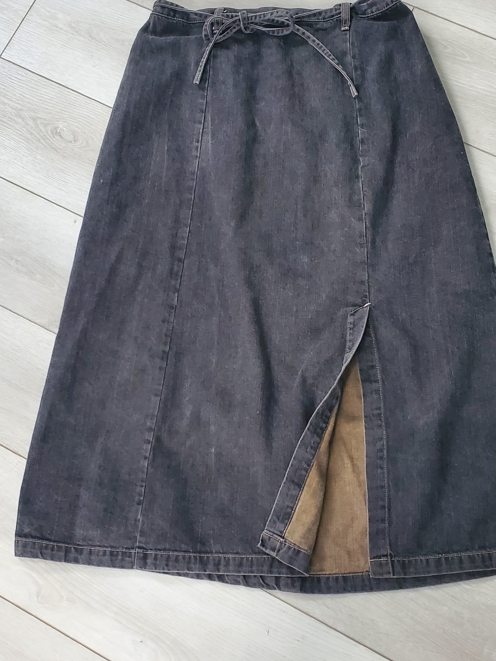 CJ Banks Black Denim Midi Skirt with Front Slit and Waist Tie Size 16